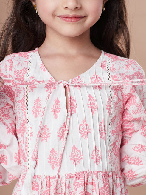 Girls Tiered Floral Print Tie-Up Neck A-Line Midi Cotton Dress